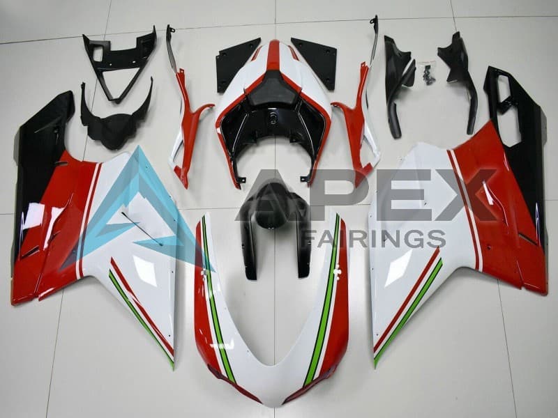 White Red Green Glossy Black - Ducati 848 (2007-2014) ABS Fairings — Style FE90 | Apex Fairings