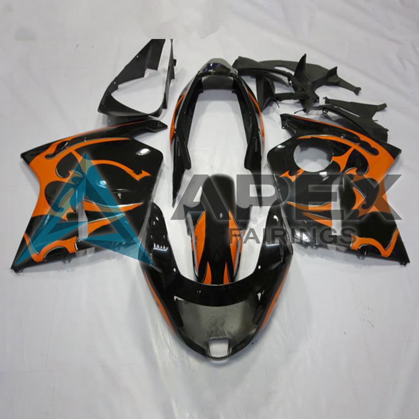 Black with Orange Flame - Honda CBR1100XX SuperBlackBird (1996-2007) ABS Fairings | Apex Fairings