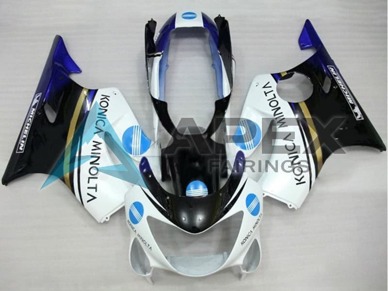 White Blue Glossy Black Konica Minolta - Honda CBR600 F4 (1999-2000) ABS Fairings — Style FE22 | Apex Fairings