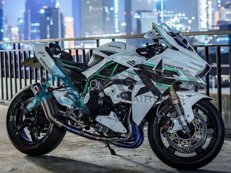 White with Green Lines - Kawasaki Ninja H2 (2015-2022) ABS Fairings | Apex Fairings